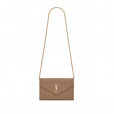 YSL CLASSIC CASSANDRE CHAIN WALLET IN GRAIN DE POUDRE LEATHER 377828BOW012346 (22.5*14*4cm)